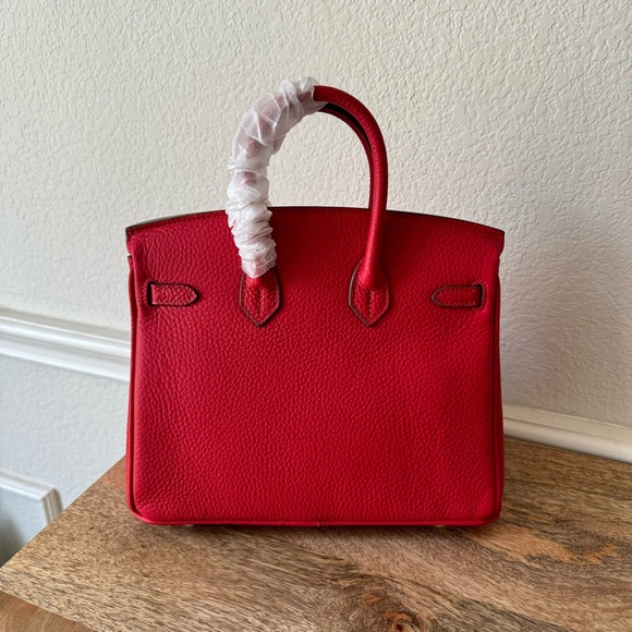 Red Pebble Leather 25 Doctor's Satchel Bag w/ Lock Key Gold HW B13 - Picture 5 of 12